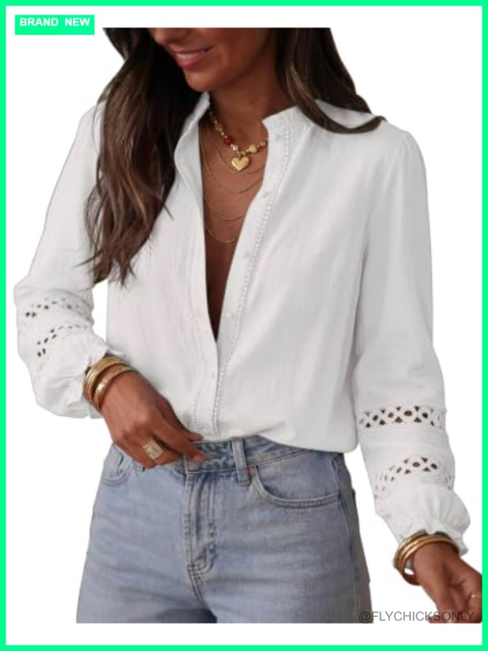 Cotton Eyelet Button Up Long Sleeve Blouse Ruffled